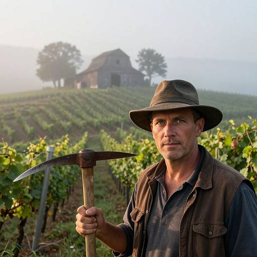 Photograph of a rugged, middle-aged man with a brown hat and vest, holding a hoe, standing in a misty vineyard with a distant