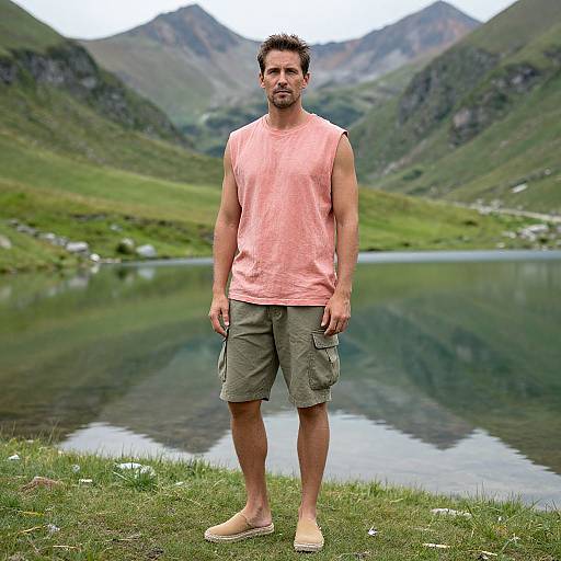 Photograph of a muscular man with short dark hair, wearing a pink sleeveless shirt, olive cargo shorts, and beige slip-on shoes, standing in