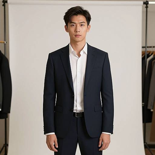 Photograph of an Asian man with short black hair, wearing a black suit and white shirt, standing in front of a white background with blurred clothing racks