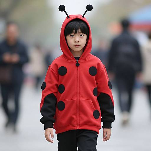 Photograph of an Asian boy in a red, hooded, bug-themed jacket with black polka dots, standing in a blurred urban street.