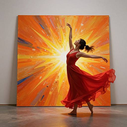 Photograph of a dancer in a flowing red dress, posing against a vibrant, sunburst-themed abstract painting with orange and yellow hues.