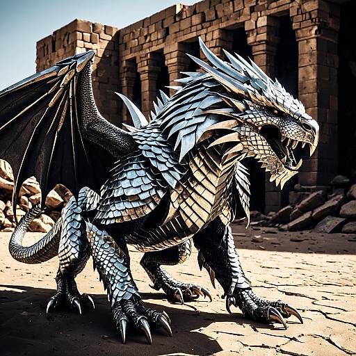 Mythical Silver Manticore in Desert Ruins