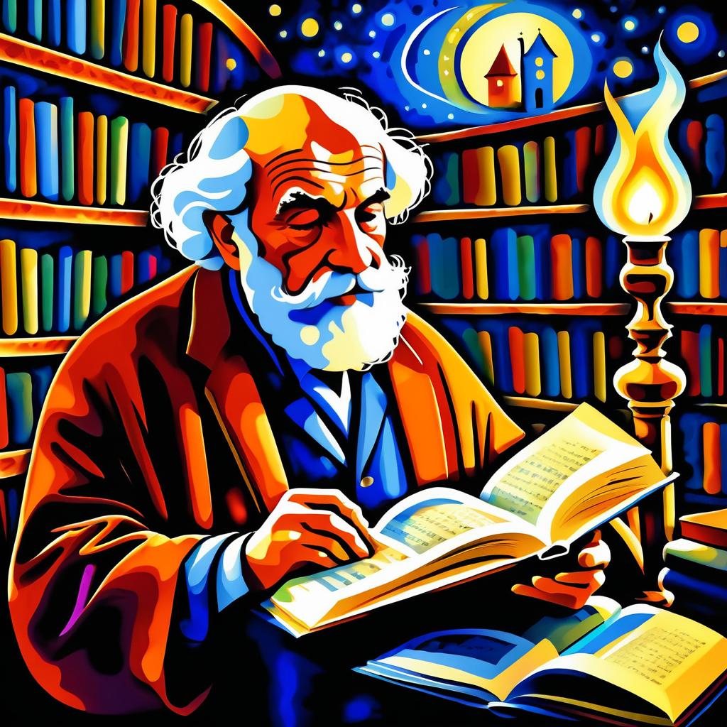 Chagall-Inspired Wise Man in Library