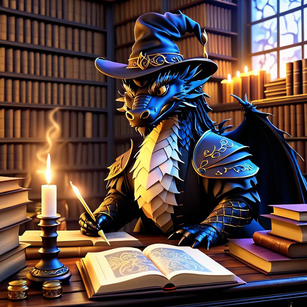 Whimsical Dragon Writer in Cozy Study