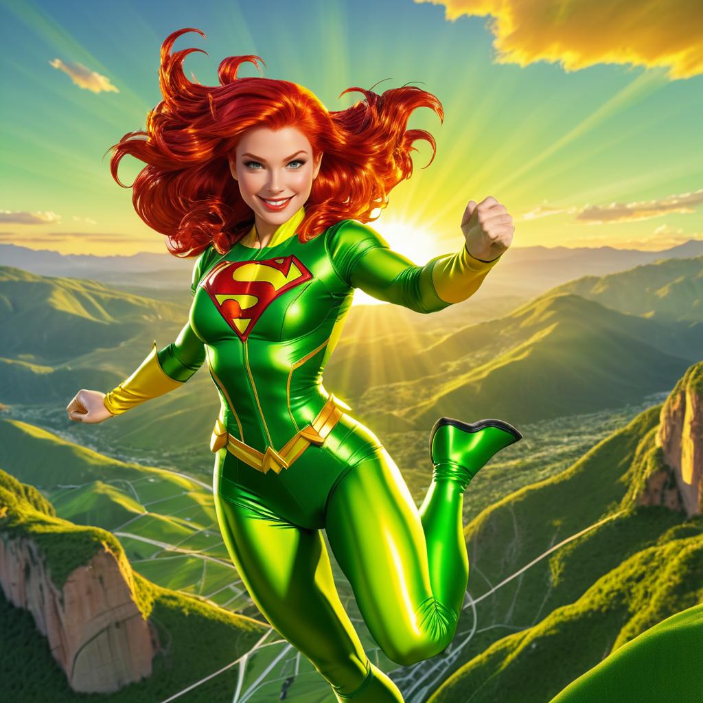 Cheerful Red-Haired Superhero in Flight