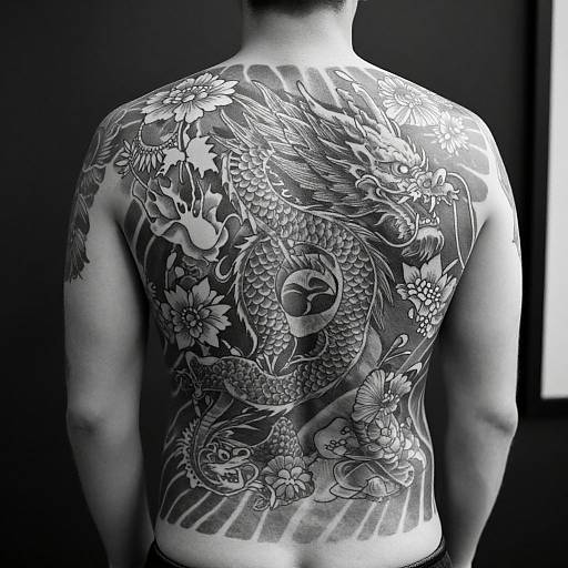 Black-and-white photograph of a man's back, featuring intricate, detailed tattoo of a phoenix surrounded by flowers, birds, and waves.