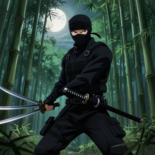 Digital anime-style drawing of a black-clad ninja with a katana, standing in a moonlit bamboo forest, holding two swords.