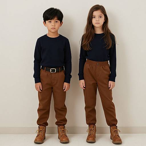 Photograph of a young Asian boy and girl standing side by side, both wearing black long-sleeve shirts, brown high-waisted pants,