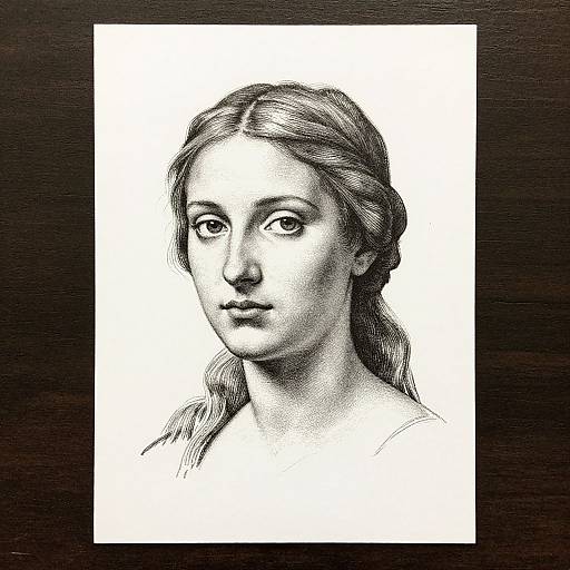 Black-and-white pencil drawing of a young woman with long, wavy hair, soft features, and a calm expression, centered on a white background.