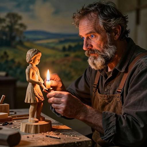 Serene Woodcutter Carving by Candlelight
