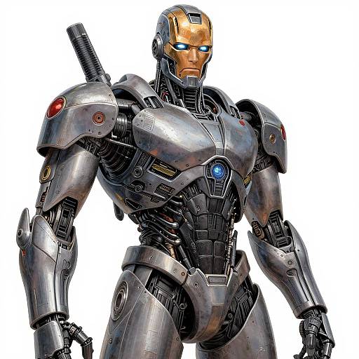 Digital illustration of a muscular, silver-toned Iron Man robot with red and blue glowing eyes, and shoulder cannon, standing against a white background.
