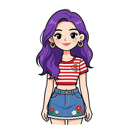 Cartoon-style drawing of a smiling girl with long purple hair, wearing a red-striped crop top, blue denim skirt, and gold hoop earrings.