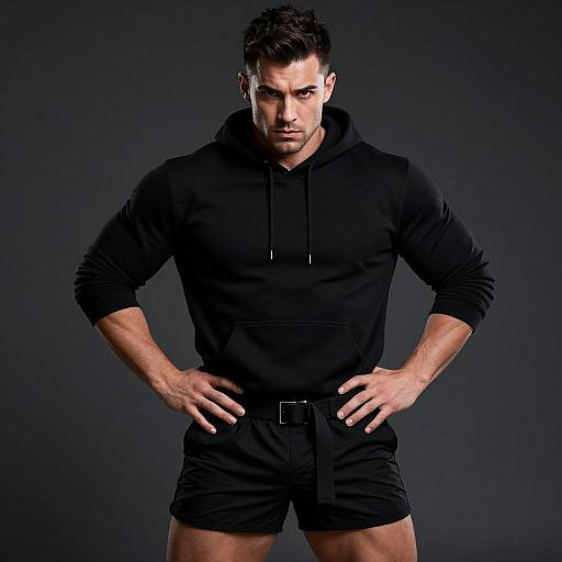 Photograph of a muscular, fair-skinned man with short, dark hair, wearing a black hoodie and black shorts, standing confidently with hands on hips