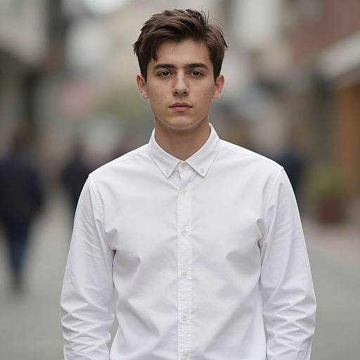 Photograph of a young man with short dark hair, wearing a crisp white button-down shirt, standing in a blurred urban street.