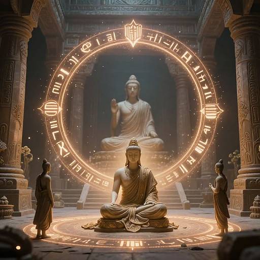 Photograph-like digital artwork of a central seated Buddha, surrounded by glowing, Sanskrit-circle runes, flanked by two standing figures, under a large