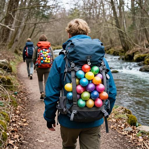 Hikers Carrying Colorful Easter Eggs