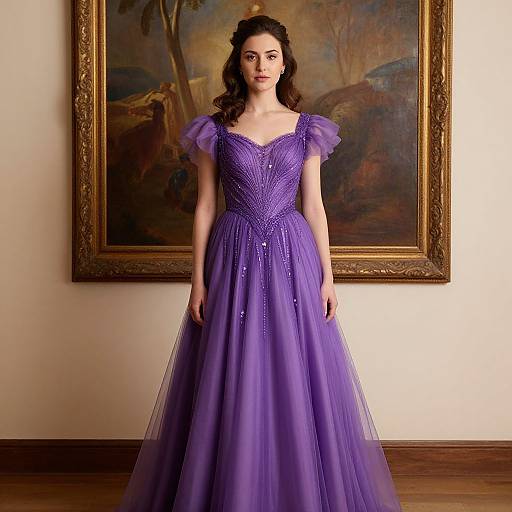 Photograph of a woman with dark, wavy hair wearing a vibrant purple, full-length, tulle ball gown with sheer sleeves, standing in front