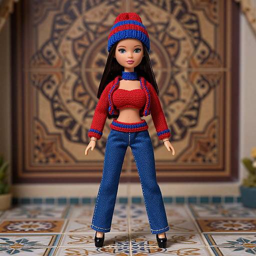 Digital CGI doll with long black hair, wearing red and blue knit crop top, jeans, and matching beanie, standing on patterned tile floor in