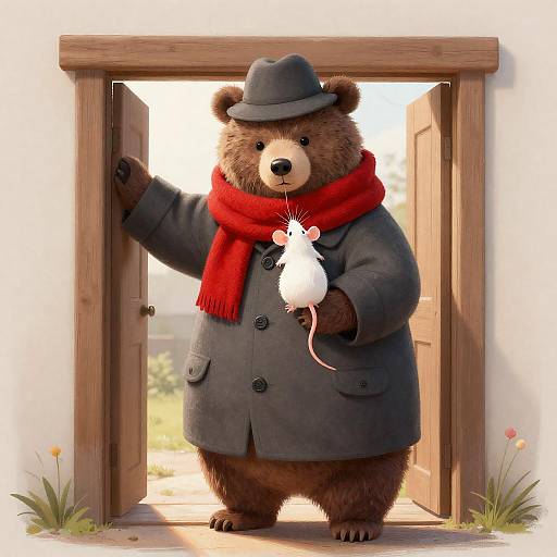 Sunlit Doorway: Anthropomorphic Bear Sniffs Mouse