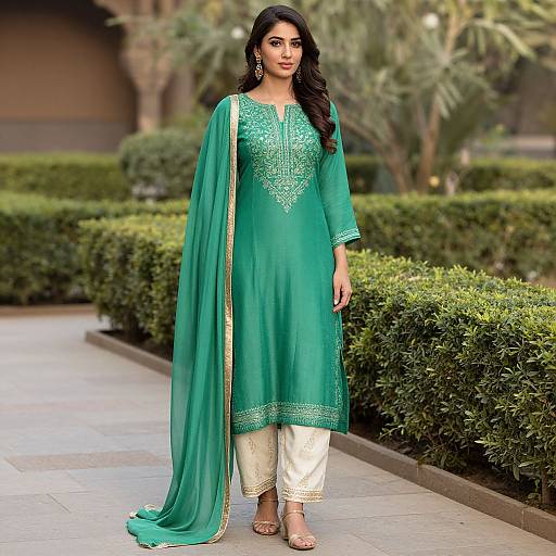 Photograph of a South Asian woman with long black hair, wearing a green traditional kameez with gold embroidery, white pants, and gold sandals,