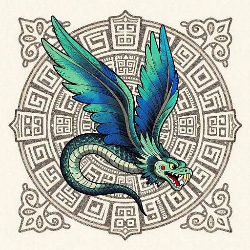 Digital drawing of a vibrant, blue-green dragon with wings and a snake-like body, set against a black, circular, geometric pattern background.