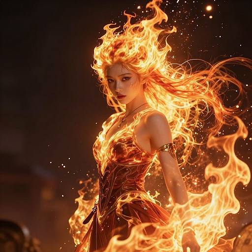 Photograph of a fiery-haired woman with blazing orange and yellow flames surrounding her, wearing a dark, corseted dress, against a dark, shadow