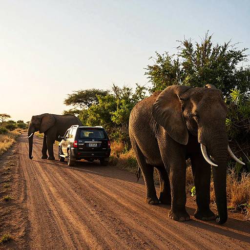 Photograph of three elephants standing on a dirt road in an African savanna, with a black SUV behind them. Sunlight casts shadows, and green