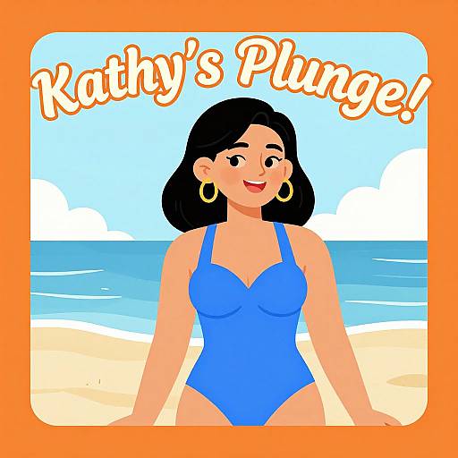 Digital illustration of a smiling woman with black hair, wearing a blue one-piece swimsuit, gold hoop earrings, and standing on a sandy beach with blue