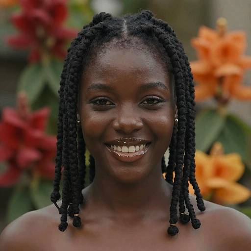 Photograph of a smiling African woman with dark skin, black dreadlocks, and silver earrings, set against a blurred background of orange and red flowers.