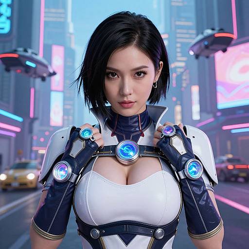 CGI image of an Asian woman with short black hair, large breasts, wearing a futuristic white and black armored suit with glowing blue orbs, standing in