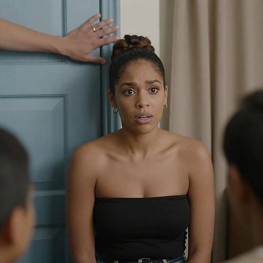 Surprised Woman by Light Blue Door