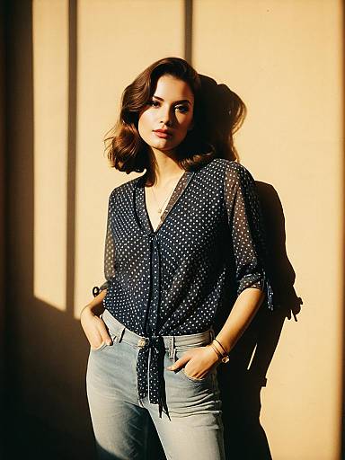 Woman in Navy Polka Dot Blouse and Light Jeans