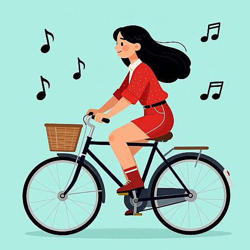 Illustration of a smiling woman with long black hair, wearing a red polka-dot dress and red socks, riding a bicycle with a wicker basket