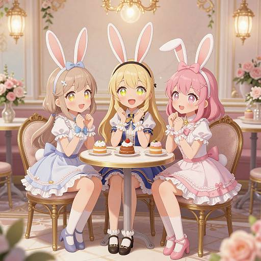 Three anime girls with bunny ears, wearing frilled dresses, sitting at a fancy café table, excitedly eating cake. Bright, colorful, detailed digital