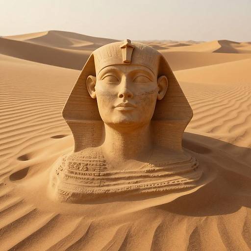 Photorealistic CGI of an ancient Egyptian stone head with a nemes headdress, partially submerged in golden desert sand dunes.
