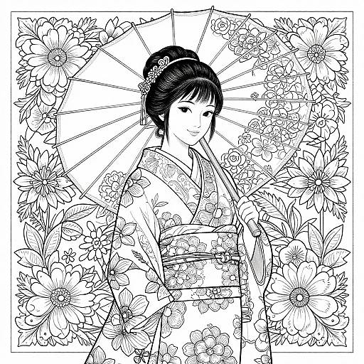 Black-and-white line drawing of a smiling Japanese woman in a kimono, holding an open umbrella surrounded by intricate floral patterns.