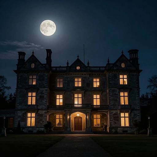 Photograph of a Gothic-style mansion at night with illuminated windows, under a bright full moon in a dark blue sky.