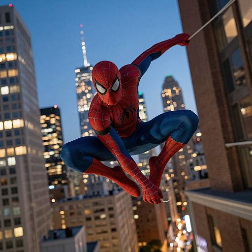 Photograph of Spider-Man mid-leap against a city skyline at dusk, wearing red and blue suit, with illuminated skyscrapers in the background.