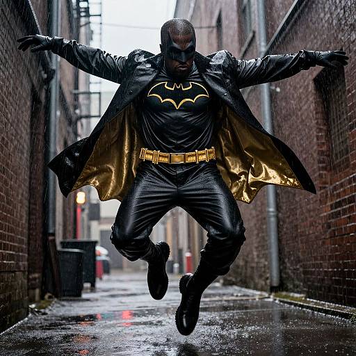 Photograph of Batman mid-jump in a dark alley, wearing a black suit with a yellow bat emblem, gold-trimmed cape, and yellow