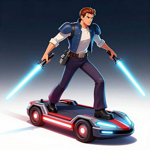 Digital art of a muscular man with brown hair, wearing a blue jacket and black pants, wielding blue lightsabers on a red and blue hovercar