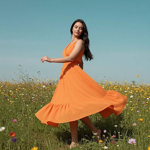 Photograph of a smiling woman with long black hair wearing a flowing orange dress, dancing in a sunlit meadow filled with colorful wildflowers under a
