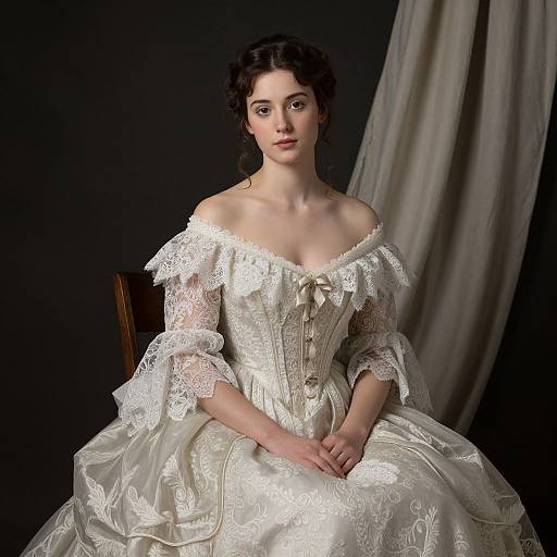 Photograph of a pale-skinned woman with dark curls, wearing an off-the-shoulder, cream lace and satin Victorian gown, seated against a