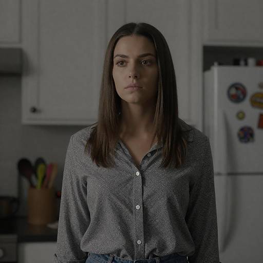 Serious Young Woman in Dim Kitchen