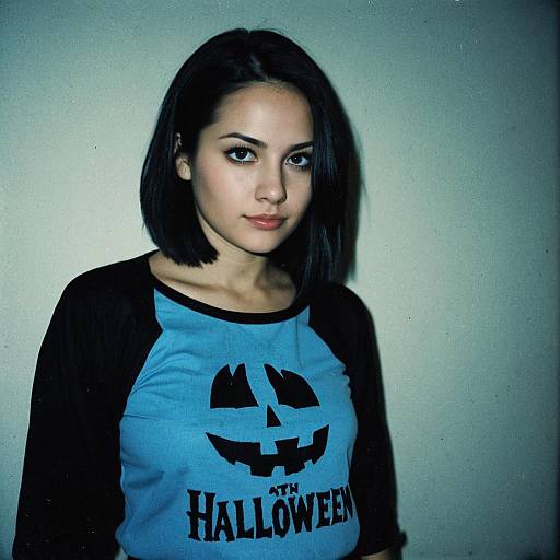 Photograph of a young woman with straight black shoulder-length hair, wearing a blue Halloween-themed raglan shirt with a jack-o'-lantern design,