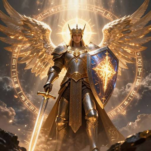 Digital art of a golden armored angel warrior with wings, holding a sword and shield, radiant halo, standing against a cloudy sky.