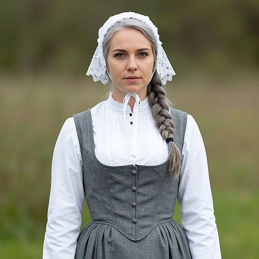 Photograph of a young woman with fair skin, gray braid, white lace cap, and gray dress over white blouse, standing outdoors.