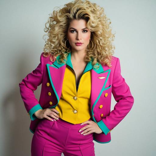 Woman in Colorful 80s Blazer and Curly Blonde Hair