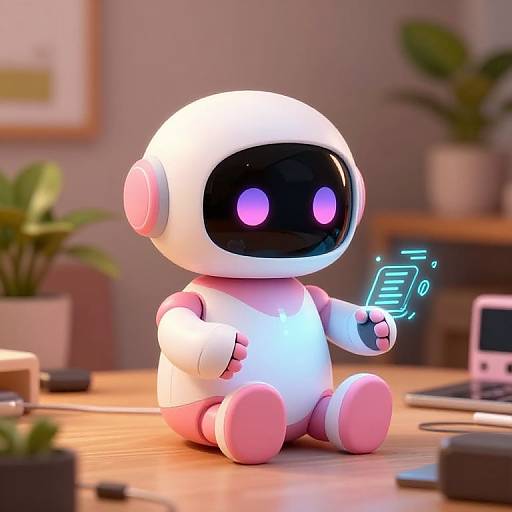 Cute Robot on Gadget-Cluttered Desk
