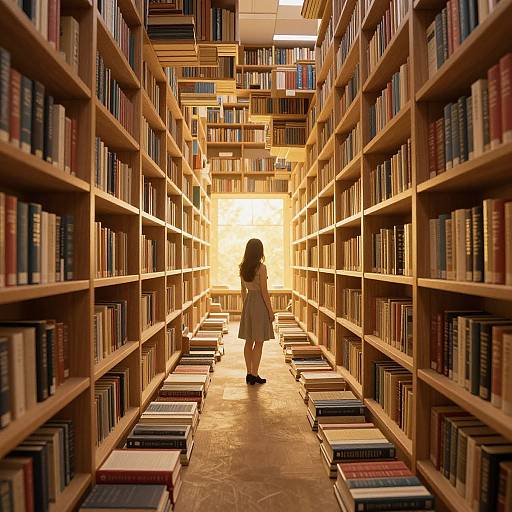 Photograph of a woman with long brown hair, wearing a beige dress, walking down a sunlit library aisle lined with wooden bookshelves and books