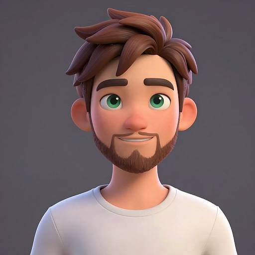 3D CGI portrait of a smiling young man with green eyes, brown tousled hair, beard, and white shirt against a dark background.